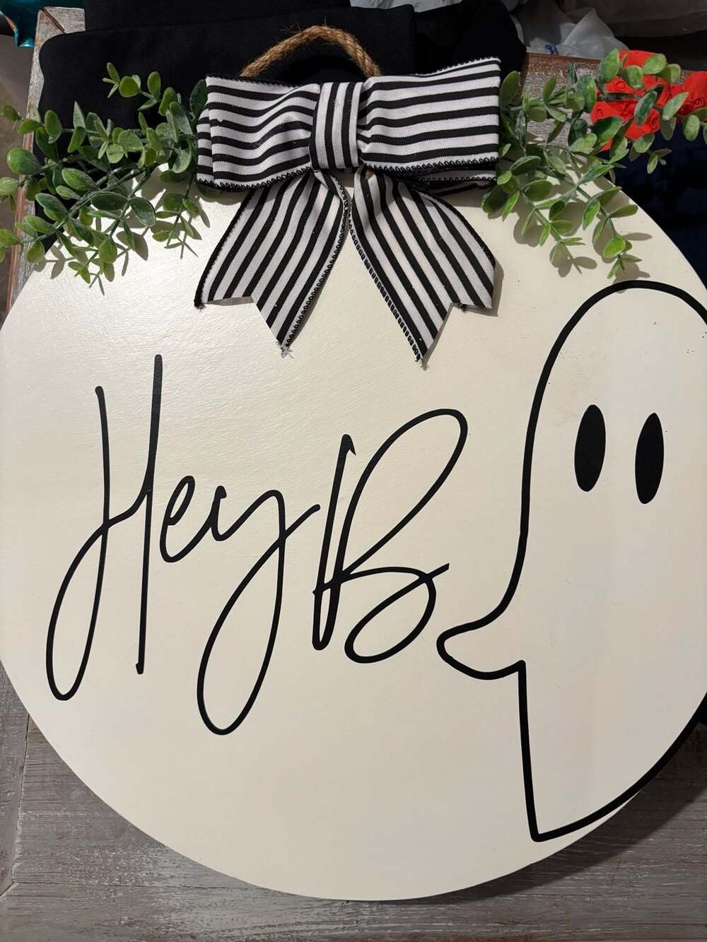 Hey Boo Ghost Wooden Door Hanger with Black and White Stripe Bow and Foliage